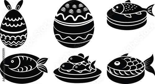 Black and White Easter Eggs and Fish Illustrations: Vector Graphics for Holiday Designs, Religious Themes, and Festive Decorations