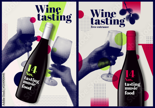 Poster template with halftone effect of hand and wine glass, and bottle realistic illustration. Mock-up text for poster composition. Vector