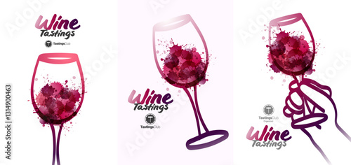 glasses and hand drawn wine glasses, artistic drops stains. Vector illustration