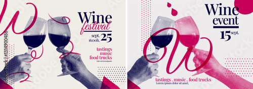 Poster template with hands toasting with wine glasses. Halftone effect. Collage. Vector illustration.