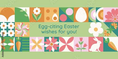 Wielkanocny zielony baner z mozaiką z świątecznymi symbolami. Wiosenny geometryczny wzór z królikiem, jajkami i kwiatami.