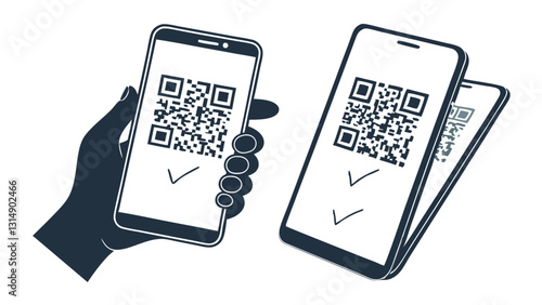 Illustration of Two Smartphones Scanning QR Codes with Checkmarks for Digital Transactions and Verification"

