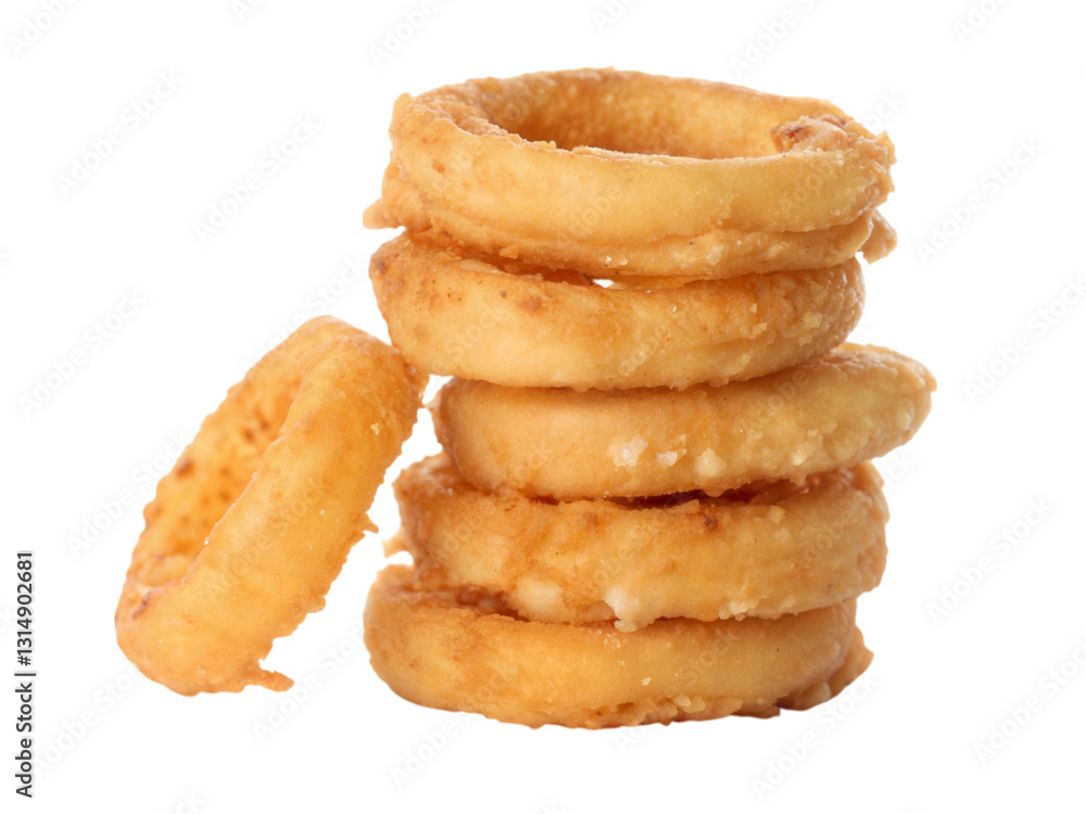Stack of battered onion rings leaning against each other in a cozy kitchen environment, isolated on white or transparent background Stack of battered onion rings leaning against each other in a cozy kitchen environment, isolated on white or transparent background