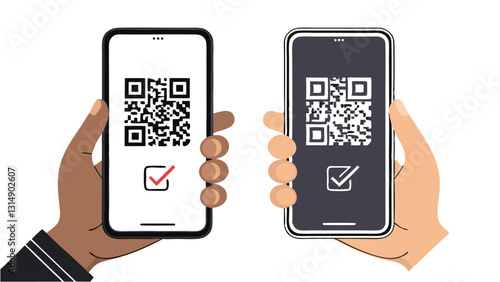 Illustration of Two Smartphones Scanning QR Codes with Checkmarks for Digital Transactions and Verification"
