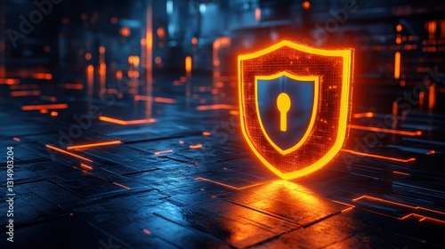 Cybersecurity action shield symbol in futuristic digital environment technology concept dark background