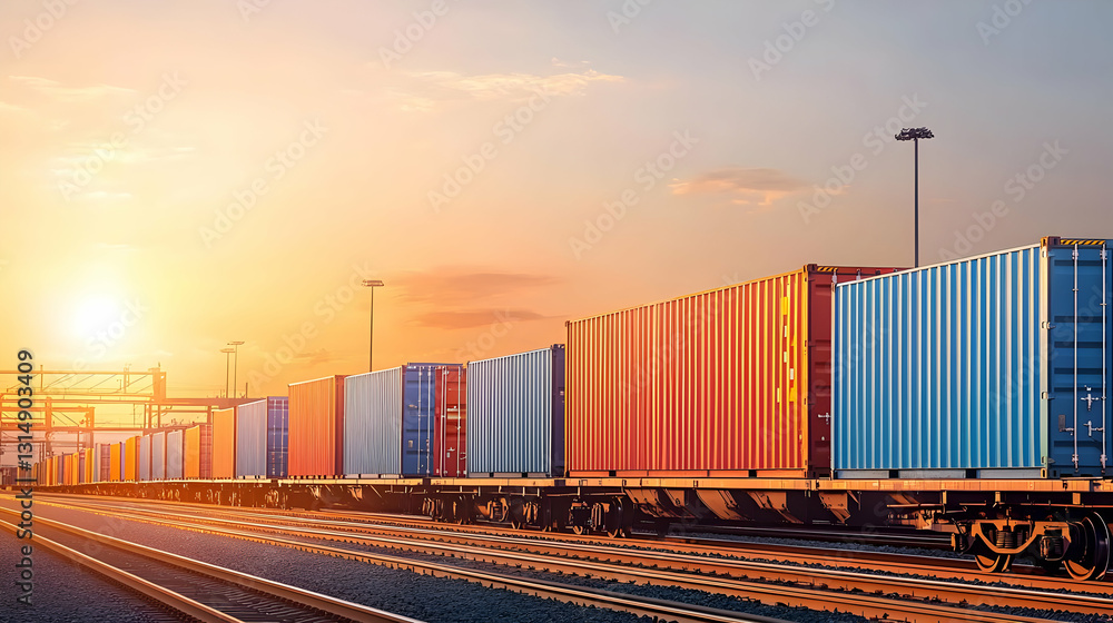 Fototapeta premium Colorful Shipping Containers On Freight Train At Sunset