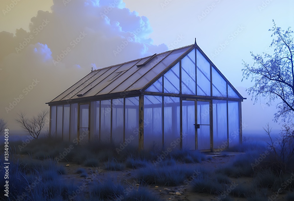 Translucent Abandoned greenhouse with wind during pastel hues Translucent Abandoned greenhouse with wind during pastel hues