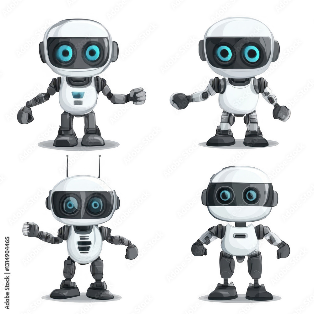 Naklejka premium Cute Cartoon Robots with Different Poses and Expressions for Fun