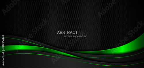 Abstract black and green curves on dark steel mesh background with free space for design. modern technology innovation concept background	