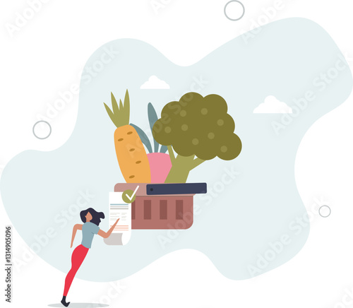 Character buying fresh organic vegetables, paying for an order .flat character life .