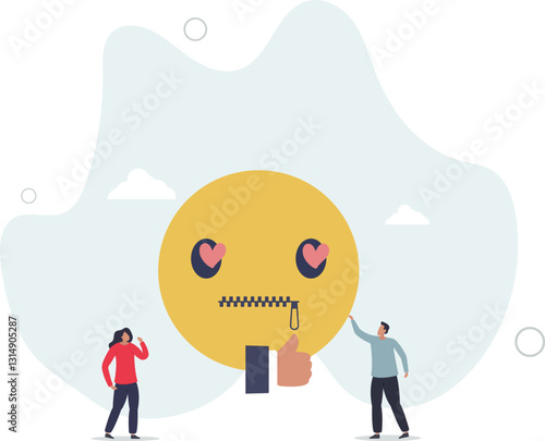 Social media censorship and free speech restriction .Opinion expression limitation with ban or mute on comments or article posts.flat character life .