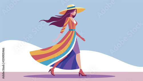 A woman in a flowing bohemian dress and floppy hat exuded hippie vibes as she breezed down the runway representing the freespirited fashion of the 60s.. Vector illustration