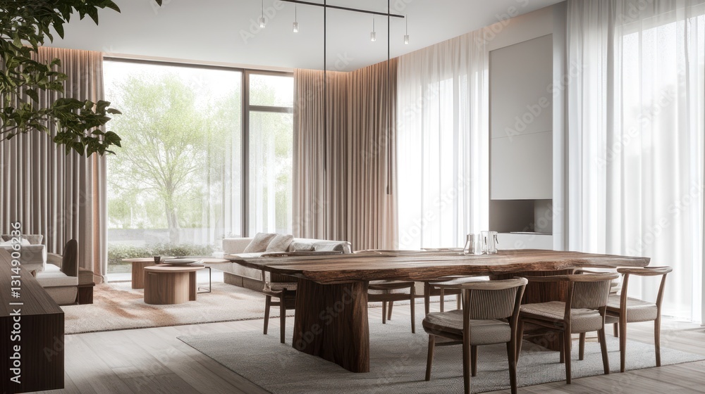 Modern dining room with patio view, minimalist design Modern dining room with patio view, minimalist design