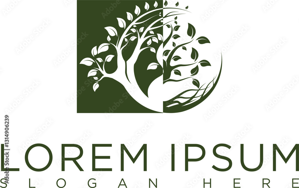 Obraz premium Minimalist tree logo green tree with elegant silhouette and leaves symbolizes growth, eternity of life and balance of nature. Modern design, suitable for eco-friendly business, organic farming