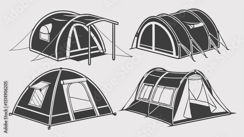Set of Circus and Carnival Tent Icons – Black and White Vintage Festival Pavilion Illustrations for Fairgrounds, Big Top Events, Outdoor Markets, and Entertainment Venues
