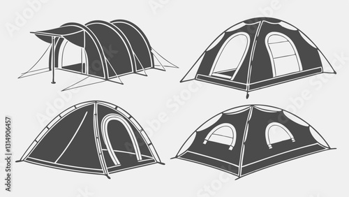 Set of Circus and Carnival Tent Icons – Black and White Vintage Festival Pavilion Illustrations for Fairgrounds, Big Top Events, Outdoor Markets, and Entertainment Venues
