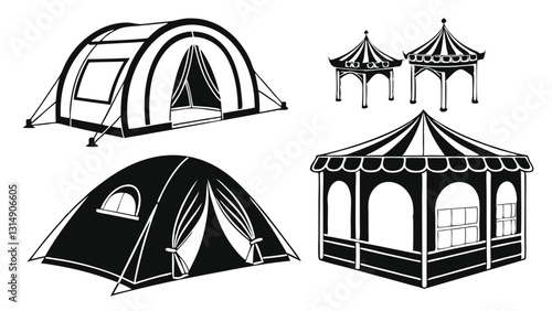 Set of Circus and Carnival Tent Icons – Black and White Vintage Festival Pavilion Illustrations for Fairgrounds, Big Top Events, Outdoor Markets, and Entertainment Venues
