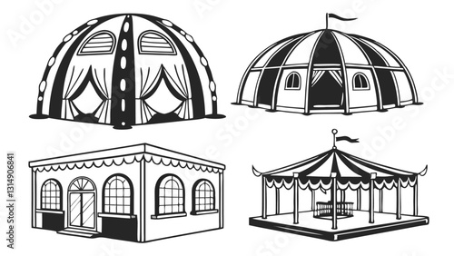 Set of Circus and Carnival Tent Icons – Black and White Vintage Festival Pavilion Illustrations for Fairgrounds, Big Top Events, Outdoor Markets, and Entertainment Venues
