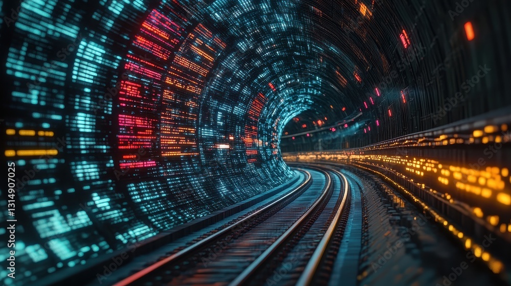 Dynamic train journey through a futuristic tunnel transportation visual urban environment aerial perspective