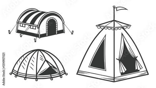 Set of Circus and Carnival Tent Icons – Black and White Vintage Festival Pavilion Illustrations for Fairgrounds, Big Top Events, Outdoor Markets, and Entertainment Venues
