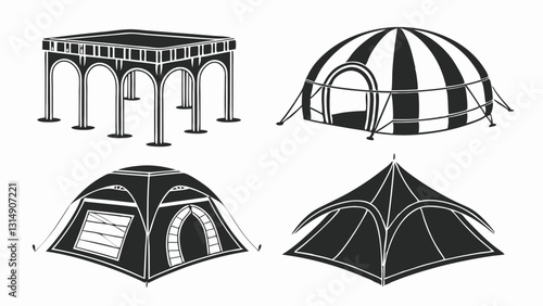 Set of Circus and Carnival Tent Icons – Black and White Vintage Festival Pavilion Illustrations for Fairgrounds, Big Top Events, Outdoor Markets, and Entertainment Venues
