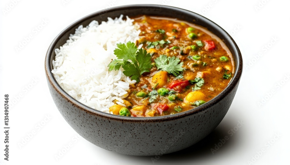 Bowl of Spiced Vegetable Curry with Rice on White Background, featuring vibrant colors and textures that highlight the deliciousness of the dish, perfect for food photography and culinary presentation Bowl of Spiced Vegetable Curry with Rice on White Background, featuring vibrant colors and textures that highlight the deliciousness of the dish, perfect for food photography and culinary presentation