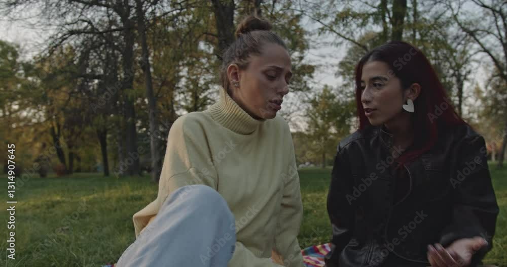 Two young women sit in a park and talk. One woman consoles the other, who appears to be upset. They are sitting on a blanket on the grass.