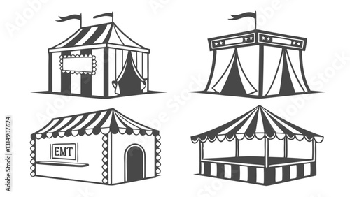 Set of Circus and Carnival Tent Icons – Black and White Vintage Festival Pavilion Illustrations for Fairgrounds, Big Top Events, Outdoor Markets, and Entertainment Venues
