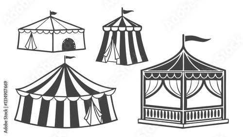 Set of Circus and Carnival Tent Icons – Black and White Vintage Festival Pavilion Illustrations for Fairgrounds, Big Top Events, Outdoor Markets, and Entertainment Venues

