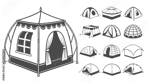 Set of Circus and Carnival Tent Icons – Black and White Vintage Festival Pavilion Illustrations for Fairgrounds, Big Top Events, Outdoor Markets, and Entertainment Venues
