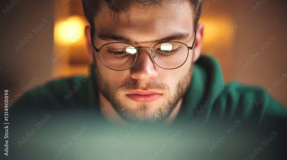 A young man with glasses intently focuses on his laptop screen in a cozy indoor setting, reflecting deep concentration. A young man with glasses intently focuses on his laptop screen in a cozy indoor setting, reflecting deep concentration.