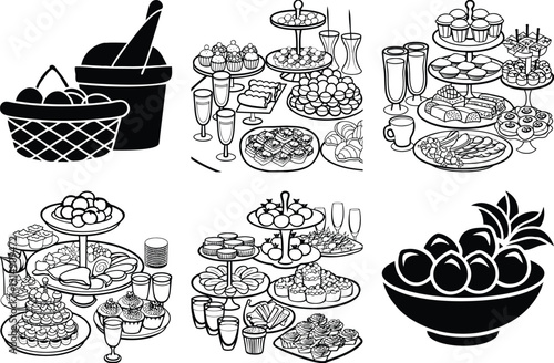 Black and White Line Art of Party Food: Desserts, Fruits, Champagne, and Tiered Stands for Catering and Celebrations Graphics