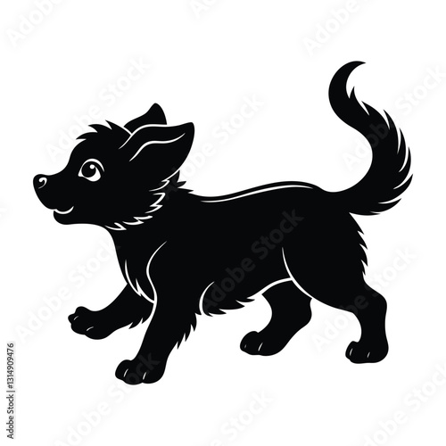 Excited Puppy Chasing Its Tail Silhouette on White Background