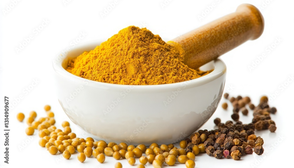 Bowl of Turmeric Powder with Peppercorns and Mustard Seeds - Essential Culinary Ingredients for Cooking and Recipe Illustration Bowl of Turmeric Powder with Peppercorns and Mustard Seeds - Essential Culinary Ingredients for Cooking and Recipe Illustration