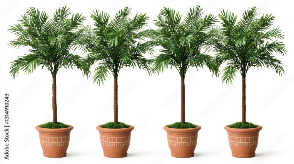 Fototapeta premium Four Potted Palm Trees in Terracotta Pots Against White Background