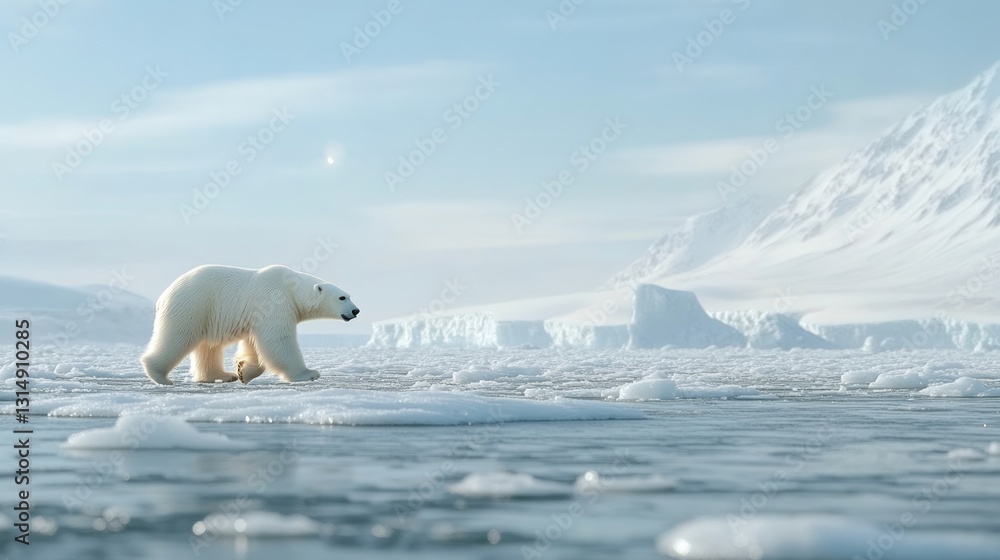 a polar bear walking on ice with mountains in the background. a polar bear walking on ice with mountains in the background.