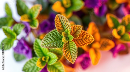 Vibrant Orange And Green Leaves Blooming Amidst A Sea Of Purple Flowers, A Breathtaking Display Of Natures Artistry In Soft, Natural Light