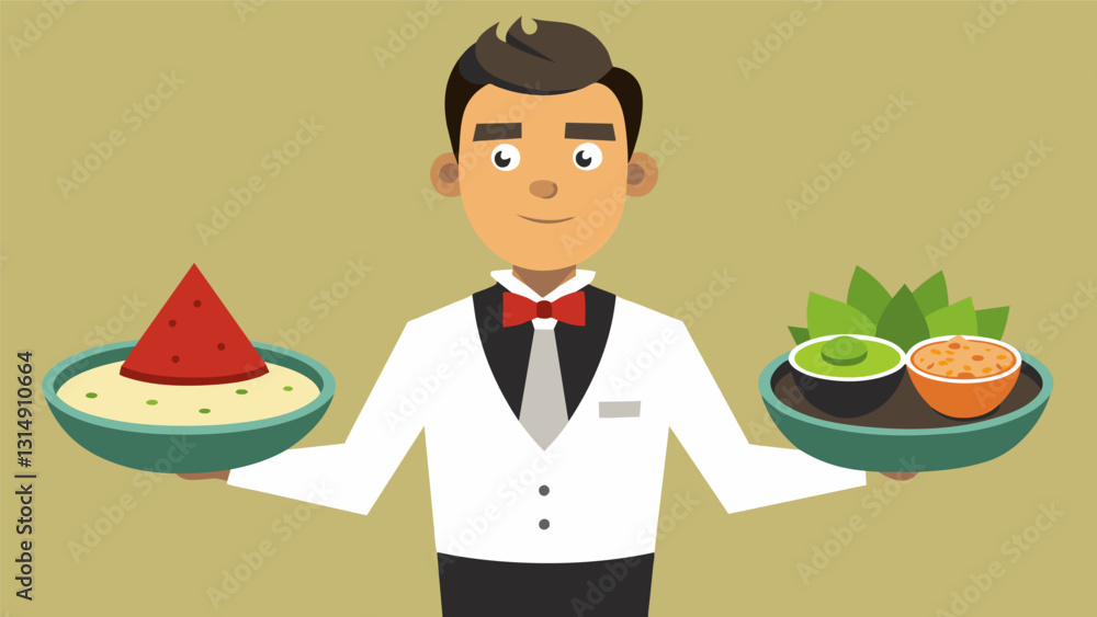 The waiter arrives with a platter of freshly made tortilla chips and a trio of addictive dips including a creamy avocado and wasabi fusion and a y chipotle salsa.. Vector illustration The waiter arrives with a platter of freshly made tortilla chips and a trio of addictive dips including a creamy avocado and wasabi fusion and a y chipotle salsa.. Vector illustration