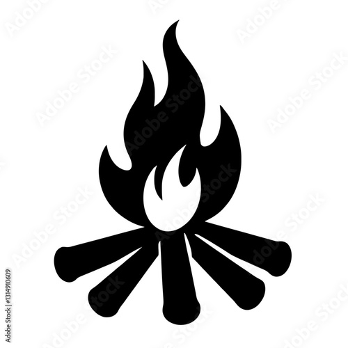 Minimalist black silhouette of a campfire with stylized flames and logs