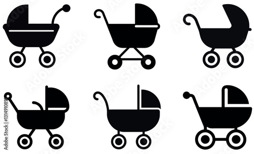 Six Simple Black and White Baby Stroller Icons