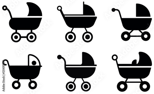 Six Simple Black and White Baby Stroller Icons