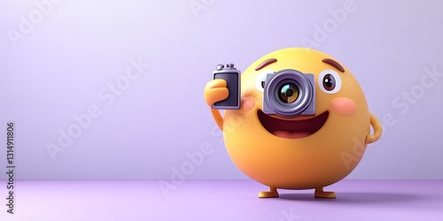 Emoji taking a photo with a camera on solid purple background