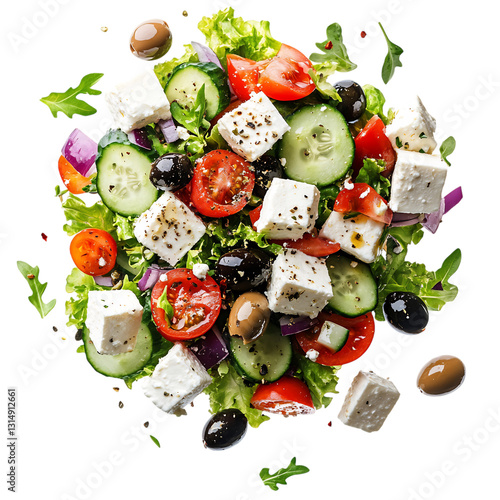 A Fresh Greek Salad with Feta Cheese Olives and Cucumbers Isolated on Transparent Background