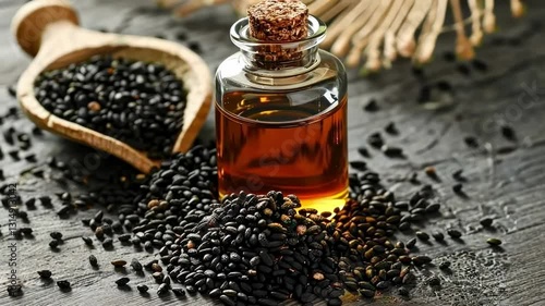 black seed essential oil close-up. Selective focus