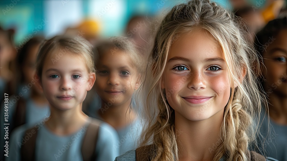 A joyful group of seven children and one adult are posing for a photo in a brightly lit classroom. A joyful group of seven children and one adult are posing for a photo in a brightly lit classroom.