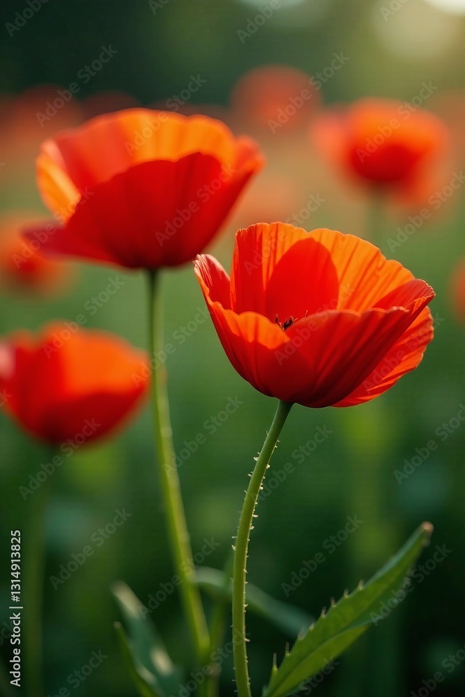 Close-up of vibrant red poppy flowers in full bloom, macro, red flowers Close-up of vibrant red poppy flowers in full bloom, macro, red flowers