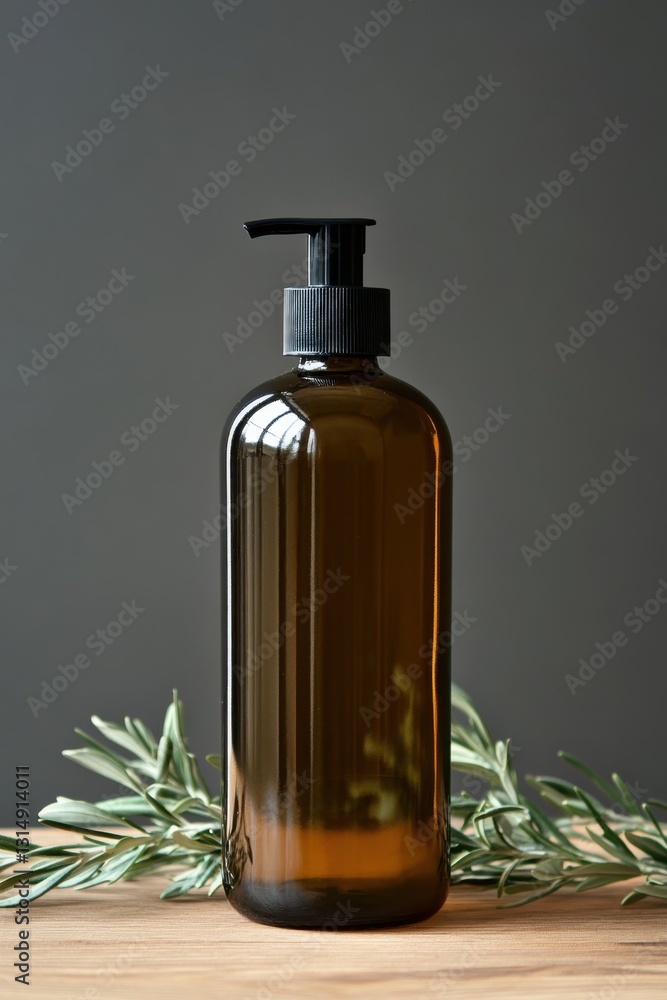 Elegant amber glass bottle with black pump dispenser and rosemary sprigs on wooden surface against gray backdrop Elegant amber glass bottle with black pump dispenser and rosemary sprigs on wooden surface against gray backdrop