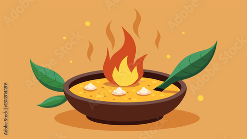 The warm fragrant aroma of freshly ground corn filling the air as a small clay comal heats over an open flame.. Vector illustration