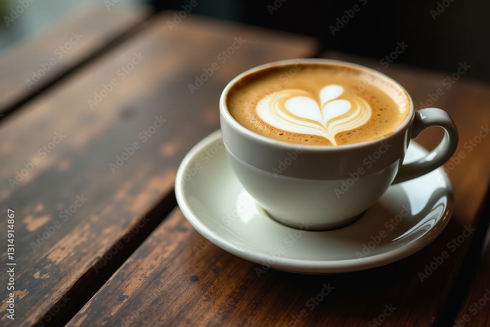 Close-up shot of latte coffee cup on rustic wooden table, rustic, drink Close-up shot of latte coffee cup on rustic wooden table, rustic, drink