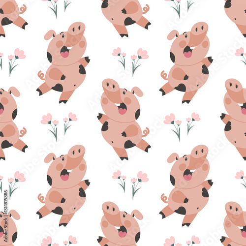 Seamless pattern for children, funny cartoon pigs and flowers on a white background. Print for children, textile, wallpaper, bedroom decor